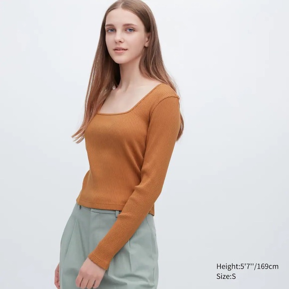 UNIQLO - copper colour long sleeve ribbed crop top - Picture 1 of 4